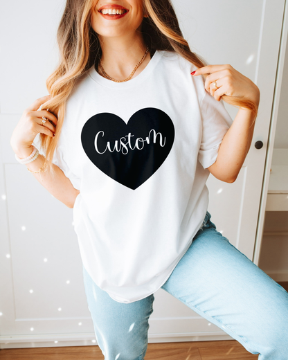 Custom Name Heart Shirt – Personalized Valentine’s Day Tee (Black, Red & White)